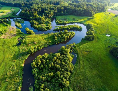 Ecology and environment concept. Green wilderness nature from above. Aerial view on meandering