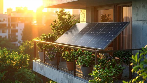 Sunlight Glinting Off Solar Panels on Contemporary Apartment Balcony, energy solution, concept of