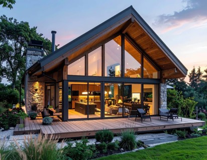 Modern Extension on a Traditional Cottage with Glass and Wood Architecture, green garden with