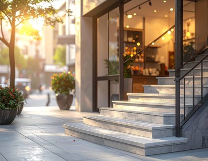 Modern building entrance with stairs, glass facade, and plants in warm evening light, empty