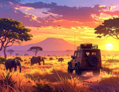 African savannah sunrise with a jeep safari and elephants, AI generated