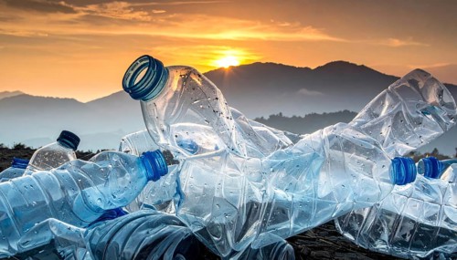 Crushed plastic water bottle waste in a wild landscape, symbol for nature protection, waste