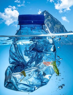 Crushed plastic water bottle waste in a wild landscape, symbol for nature protection, waste
