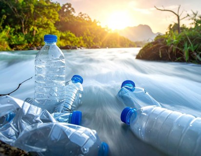 Crushed plastic water bottle waste in a wild landscape, symbol for nature protection, waste