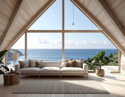 Peaceful A-frame cabin interior with ocean views, real estate lifestyle and travel destination,
