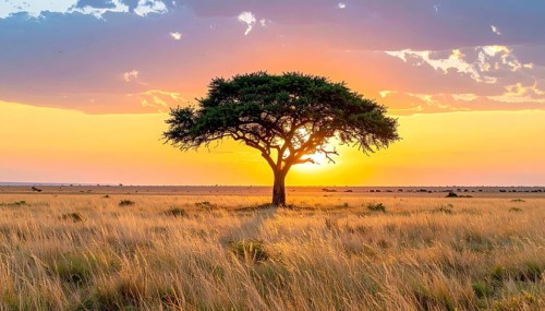 Single acacia tree in the savannah at sunset, solitude in the wild, dry grass in the foreground,