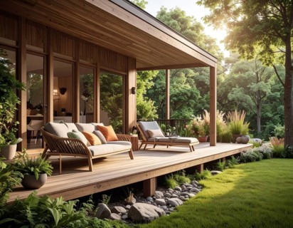 An eco-friendly porch designed for sustainable living in an environmentally-conscious home, lush