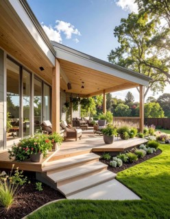 An eco-friendly porch designed for sustainable living in an environmentally-conscious home, lush
