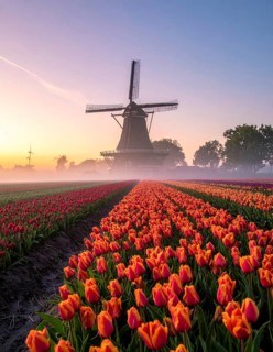 Fog covered landscape in sunrise with tulip fields and windmill in background, AI generated