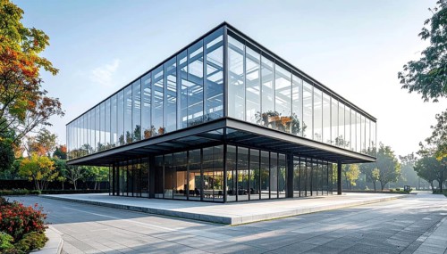 Modern architectural framework with glass and steel structure, glass facade with a greed of steel