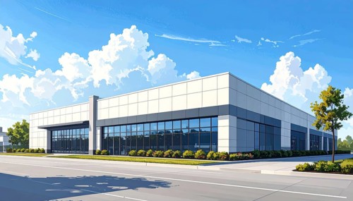 Modern supermarket building exterior against blue sky, Inviting white facade, some clouds, concept
