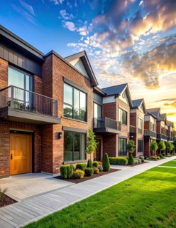 Modern apartment building with balconies and well-kept landscaping at sunset, Modern multifamily