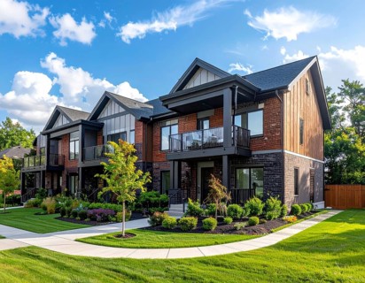 Modern apartment building with balconies and well-kept landscaping at sunset, Modern multifamily