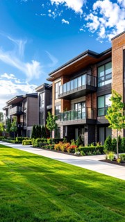 Modern apartment building with balconies and well-kept landscaping at sunset, Modern multifamily