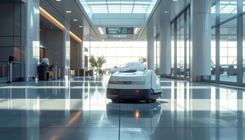 Autonomous cleaning roboter at modern airport terminal, showcasing advanced technology, daylight in
