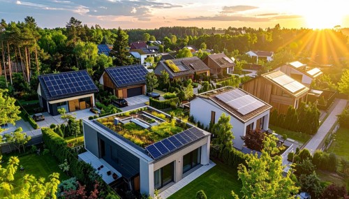 Aerial view showcases modern houses with solar panels and green roofs in a suburban setting,