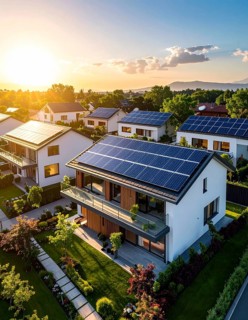 Aerial view showcases modern houses with solar panels and green roofs in a suburban setting,