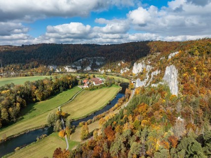Aerial view of Käppeler Manor with St. George's Basilica near Thiergarten in the Upper Danube