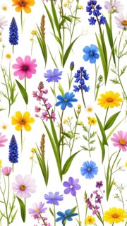 Vibrant wildflowers and grass create a colorful and joyful floral pattern, Variety of wild flowers,