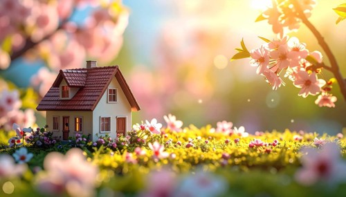 A miniature house surrounded by blooming cherry blossoms and warm sunlight, creating a peaceful and