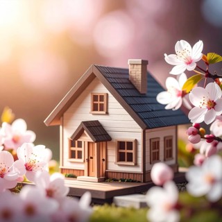 A miniature house surrounded by blooming cherry blossoms and warm sunlight, creating a peaceful and