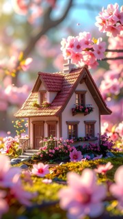 A miniature house surrounded by blooming cherry blossoms and warm sunlight, creating a peaceful and