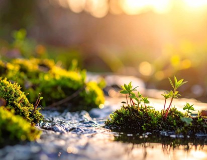 Beautiful spring detailed stream of fresh water, vibrant blooming young green plants, wallpaper