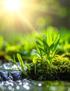 Beautiful spring detailed stream of fresh water, vibrant blooming young green plants, wallpaper