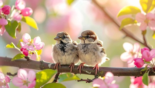Small funny Sparrow Chicks sit in the garden surrounded by pink Apple blossoms on a Sunny may day,