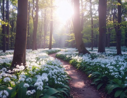 A tranquil forest path lined with white flowers, surrounded by tall trees and bathed in soft