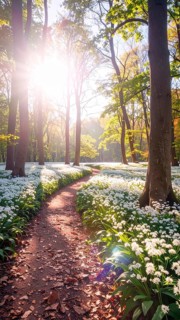 A tranquil forest path lined with white flowers, surrounded by tall trees and bathed in soft