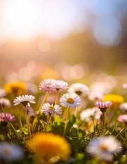 A sunny meadow with daisies in full bloom under bright sunlight, creating a vibrant and cheerful