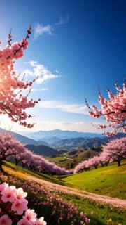Landscape with a blooming apricot tree, idilyc spring nature, green grass and mountains in