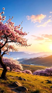Landscape with a blooming apricot tree, idilyc spring nature, green grass and mountains in
