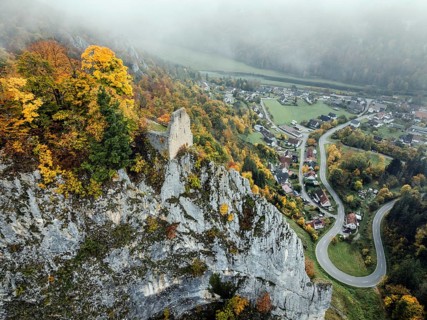 Aerial view of the viewpoint, shovels and Hausen Castle, also known as the Hausen ruins, surrounded