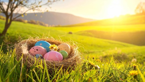 Nest with easter eggs in a basket on grass, sunny spring day, fresh beautiful landscape at