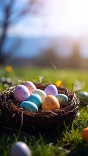 Nest with easter eggs in a basket on grass, sunny spring day, fresh beautiful landscape at