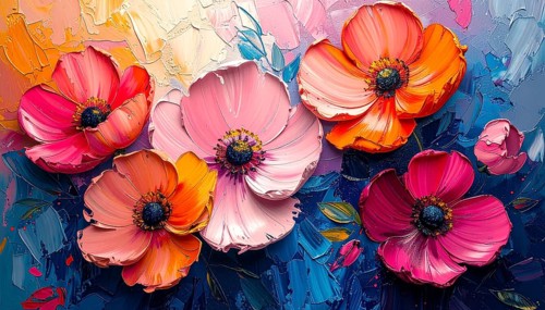 Closeup of abstract rough colorful multicolored organic floral spring flowers art painting texture,