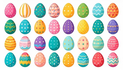 Set of easter eggs flat design on white background, abstract vector wallpaper illustration, banner