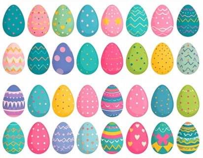 Set of easter eggs flat design on white background, abstract vector wallpaper illustration, banner