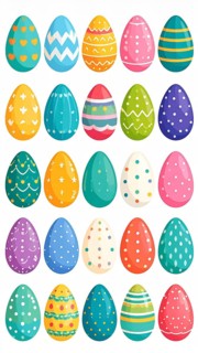 Set of easter eggs flat design on white background, abstract vector wallpaper illustration, banner