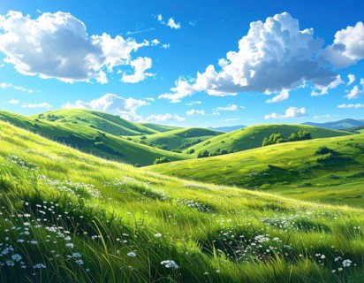 Fresh summer hilly Landscape with blooming Meadow, green plants, Blue Sky with cloudy sky, serene