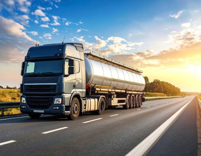 Petrol cargo truck lorry tanker driving on highway hauling oil products at sunrise, wide hilly