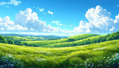 Fresh summer hilly Landscape with blooming Meadow, green plants, Blue Sky with cloudy sky, serene