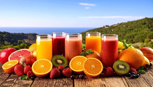 Fresh fruit juices in glasses, surrounded by colorful fruits, showcasing healthy drinking and