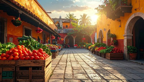 Traditional Mexican plaza with crates of peppers, onions, and tomatoes, economic prosperity in