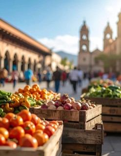 Traditional Mexican plaza with crates of peppers, onions, and tomatoes, economic prosperity in
