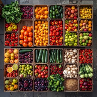 Fresh fruits and vegetables in a market display, aerial view perpendicular top down, healthy eating