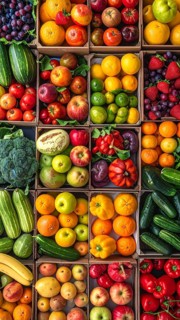 Fresh fruits and vegetables in a market display, aerial view perpendicular top down, healthy eating
