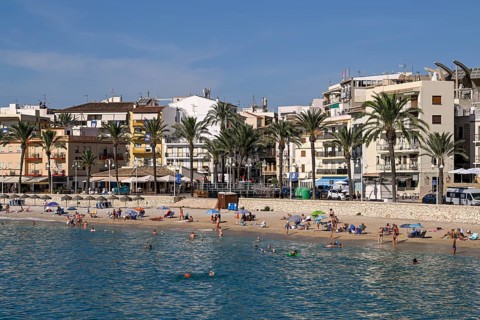 View of the beach and old town of Jávea or Xàbia, Alicante Province, Comunidad Valenciana, Spain